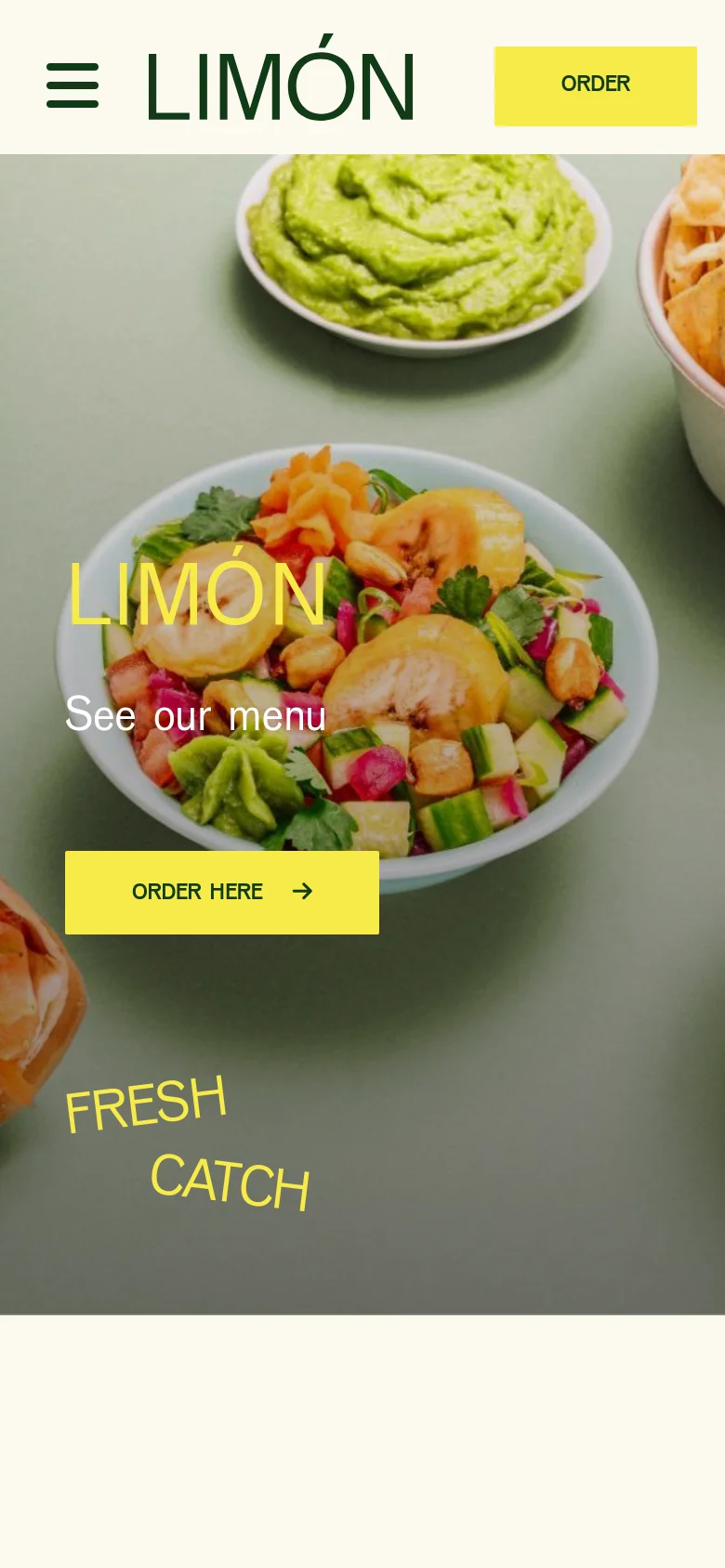 The mobile version simplifies the layout with a hamburger menu icon on the left and the Limón logo centered. The yellow 'Order' button is prominently placed in the top right corner. The hero section features the same colorful food imagery and yellow text overlays, but the elements are stacked vertically to fit the narrow screen.
