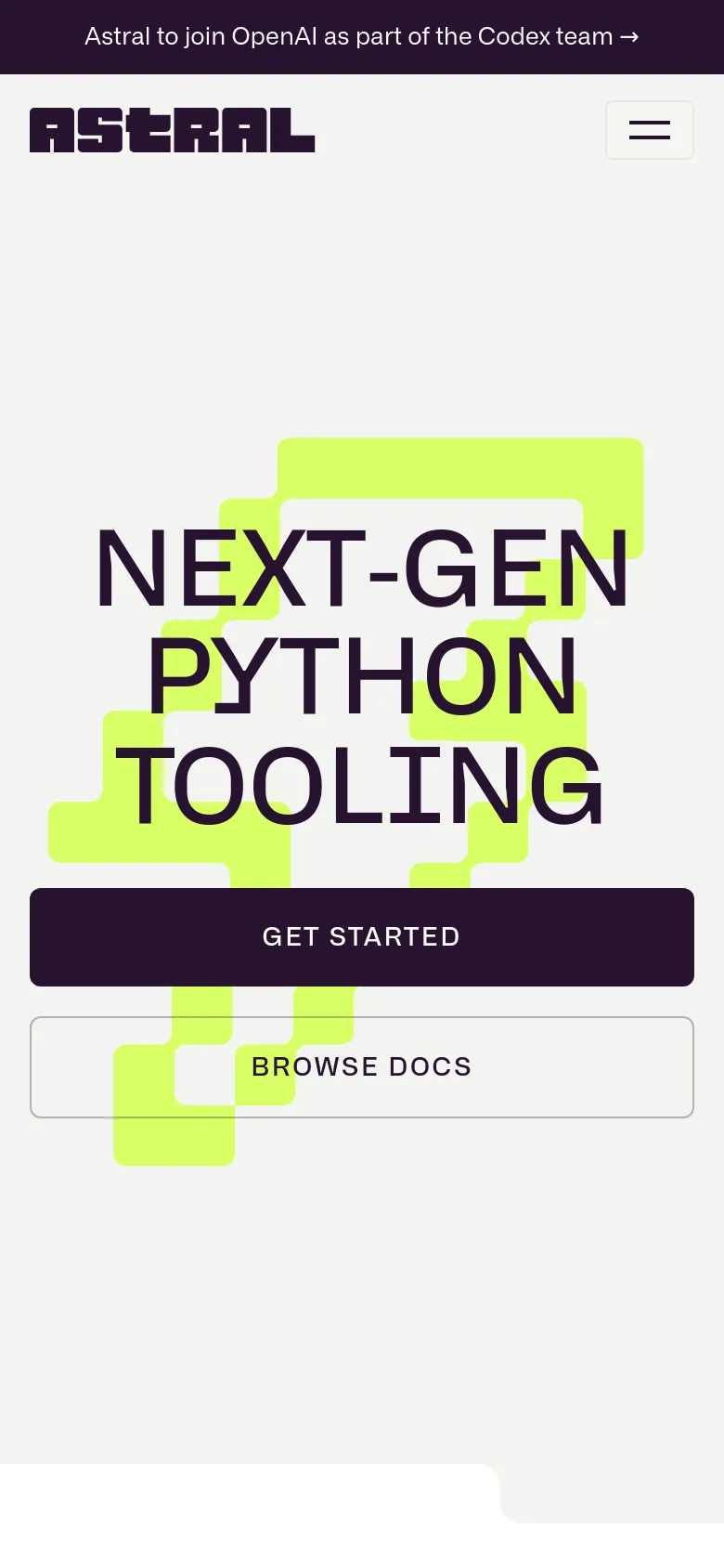 The mobile version presents a simplified vertical layout with the Astral logo and a hamburger menu icon at the top. The central hero section features the same 'NEXT-GEN PYTHON TOOLING' headline and lime-green graphic, but the buttons are stacked vertically: a full-width dark purple 'GET STARTED' button sits above a full-width white 'BROWSE DOCS' button.