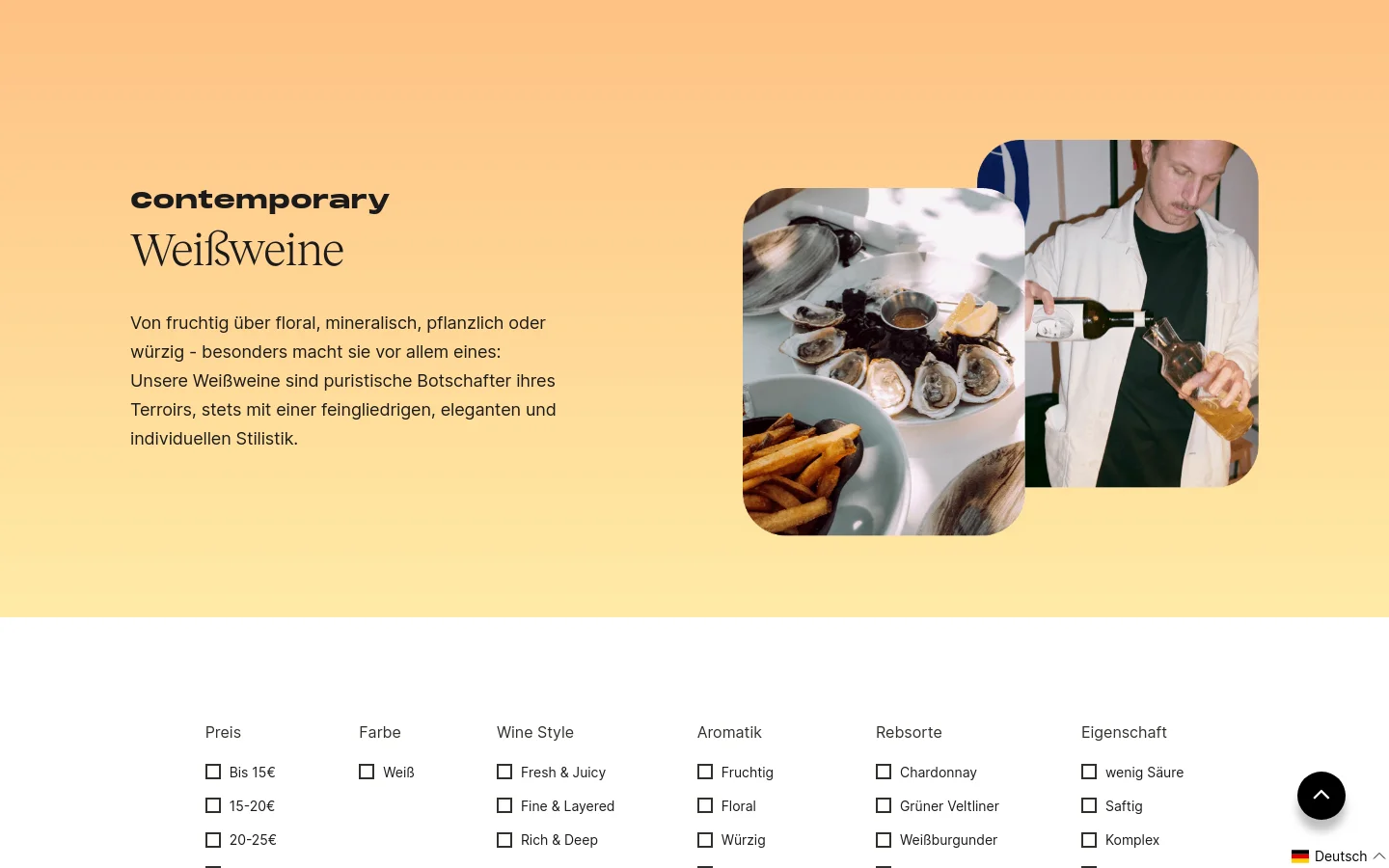 The desktop page features a warm peach-colored hero section with the headline 'Contemporary Weißweine' and a descriptive paragraph. To the right, two overlapping images show a plate of oysters with fries and a person pouring white wine. Below the hero, a white section contains multiple columns of filter checkboxes for Price, Color, Wine Style, Aromatics, Grape Varieties, and Characteristics.