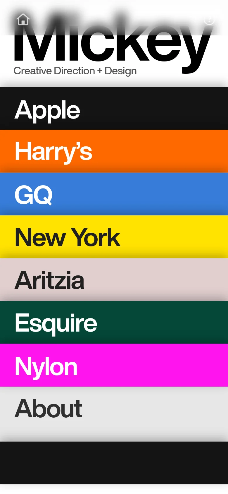 A mobile-optimized version of the portfolio featuring a stacked vertical layout. The top shows a condensed header with a home icon, followed by a series of brightly colored, full-width horizontal bars in black, orange, blue, yellow, grey, green, and pink. Each bar contains a brand name such as Apple, GQ, and Nylon in large, bold white or black text.