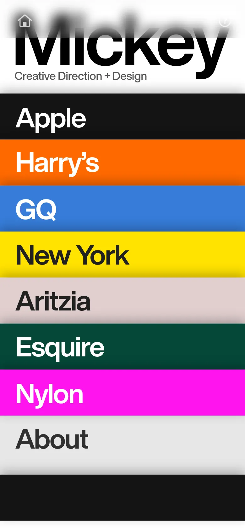 A mobile-optimized version of the portfolio featuring a stacked vertical layout. The top shows a condensed header with a home icon, followed by a series of brightly colored, full-width horizontal bars in black, orange, blue, yellow, grey, green, and pink. Each bar contains a brand name such as Apple, GQ, and Nylon in large, bold white or black text.