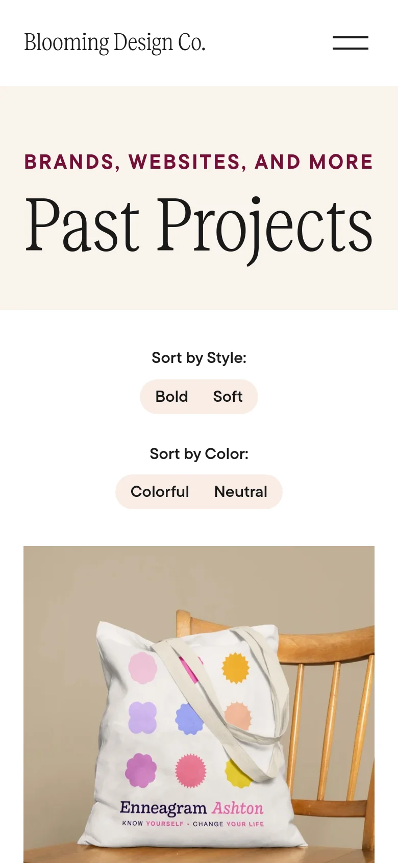 The mobile version simplifies the layout, centering the 'Past Projects' headline and stacking the style and color filter buttons vertically. The navigation is condensed into a hamburger menu icon, and the project grid transitions to a single-column view for easier scrolling.