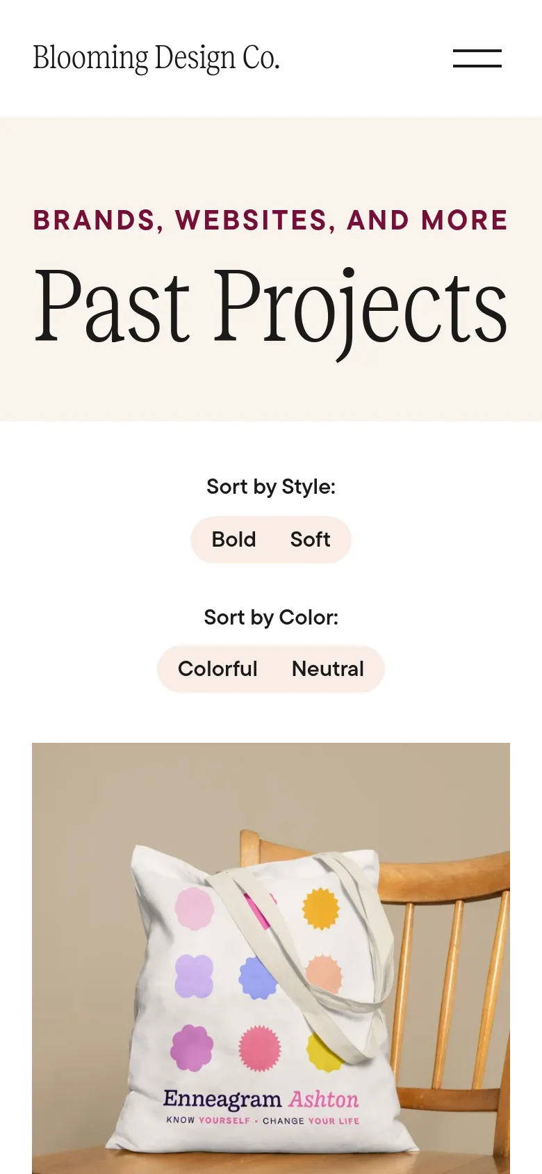 The mobile version simplifies the layout, centering the 'Past Projects' headline and stacking the style and color filter buttons vertically. The navigation is condensed into a hamburger menu icon, and the project grid transitions to a single-column view for easier scrolling.