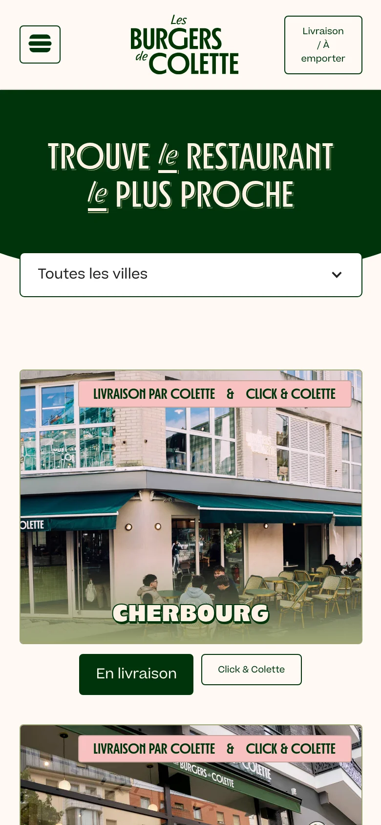 The mobile version presents a vertically stacked layout with the dark green hero section and large white text at the top. The city selection dropdown spans the width of the screen, and restaurant location cards appear as large, full-width images with action buttons positioned directly underneath.