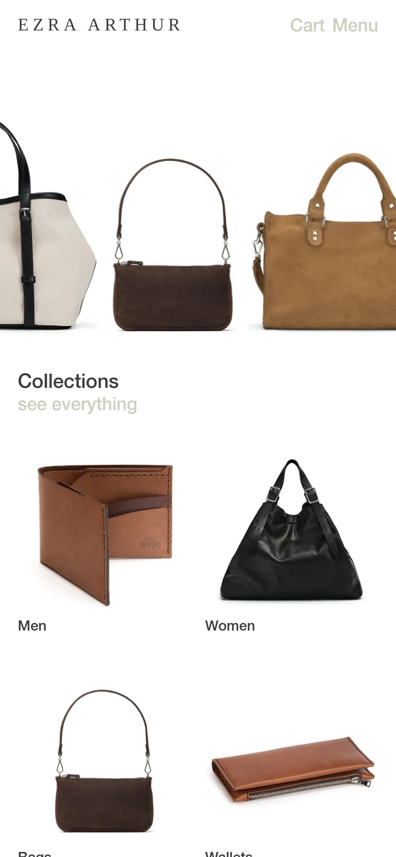 The mobile version presents a simplified vertical layout with the Ezra Arthur logo, 'Cart', and 'Menu' at the top. The hero imagery is scaled down, and the 'Collections' section follows, displaying product images in a single or double column format with text labels underneath.