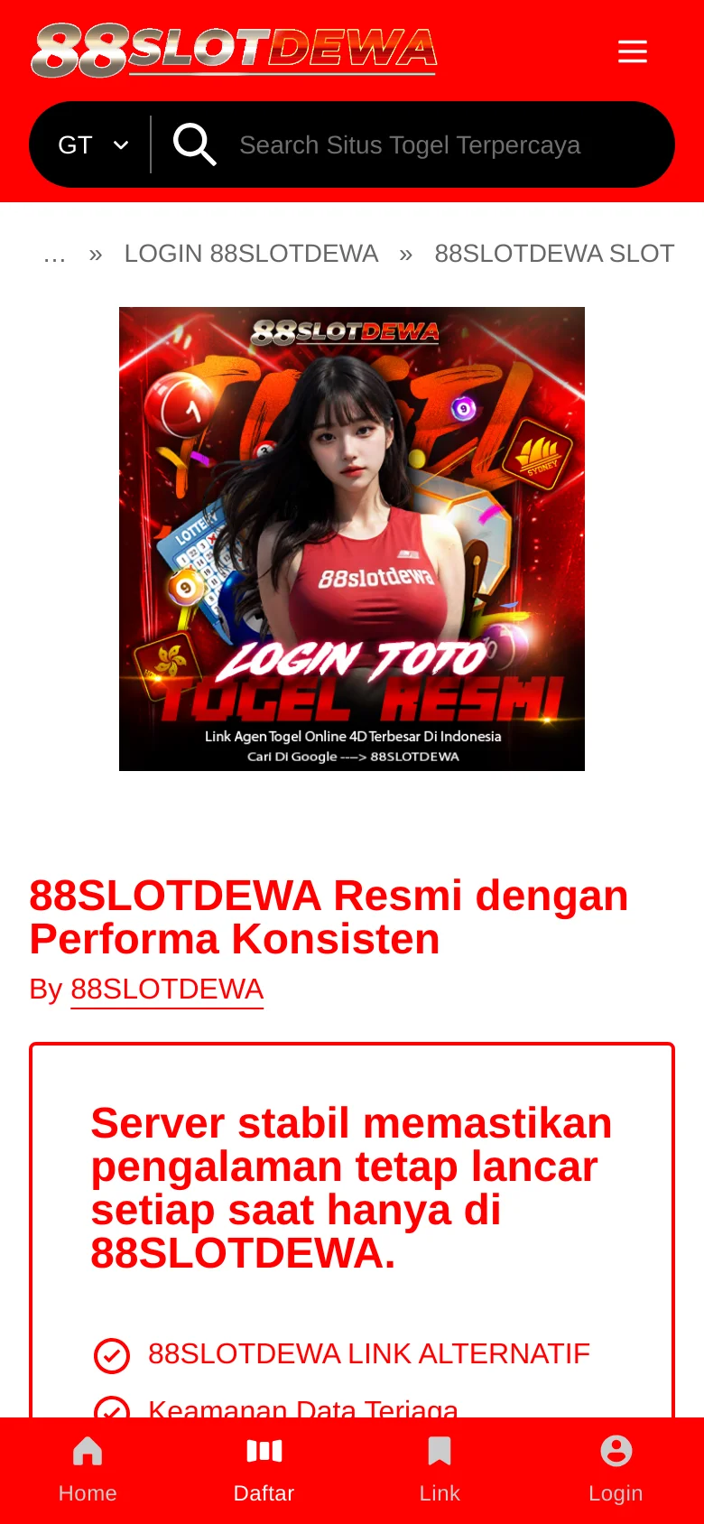 The mobile version uses a vertical layout with a condensed red header containing a hamburger menu and the logo. The hero banner and login box are stacked vertically, making the primary 'Login' button and promotional image the central focus. A bottom navigation bar provides quick access to Home, Daftar, Link, and Login icons.