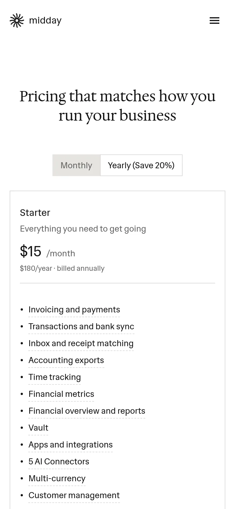 The mobile version presents a vertically stacked layout to accommodate the smaller screen. The pricing cards are arranged one on top of the other instead of side-by-side, and the navigation menu is collapsed into a hamburger icon at the top right.