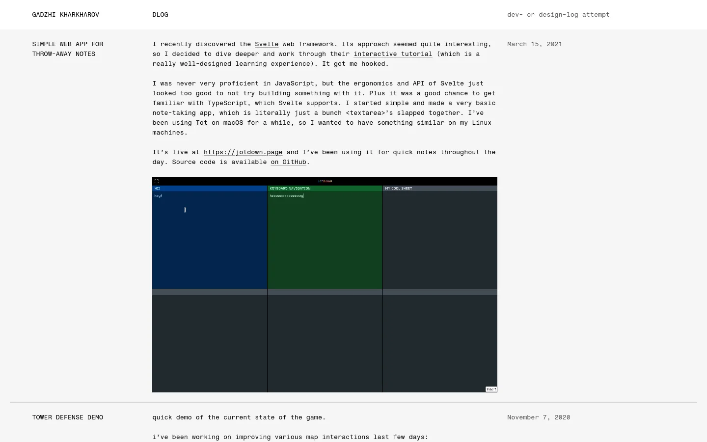 A minimalist desktop webpage for 'Dlog' featuring a clean white background with black text. The layout consists of a header with the name 'Gadzhi Kharkharov' and a subtitle 'dev- or design-log attempt', followed by a series of chronological text entries separated by horizontal lines. One entry includes a large rectangular image showing a dark-themed software interface with blue and green sections.