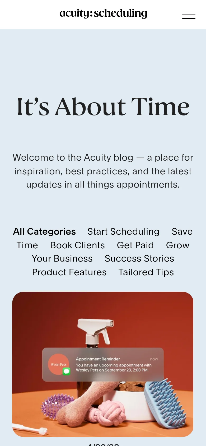 The mobile version maintains the light blue header and 'It’s About Time' title but stacks the category navigation links into multiple rows for easier tapping. The blog post cards transition from a grid to a single-column vertical layout to fit the narrow screen width.