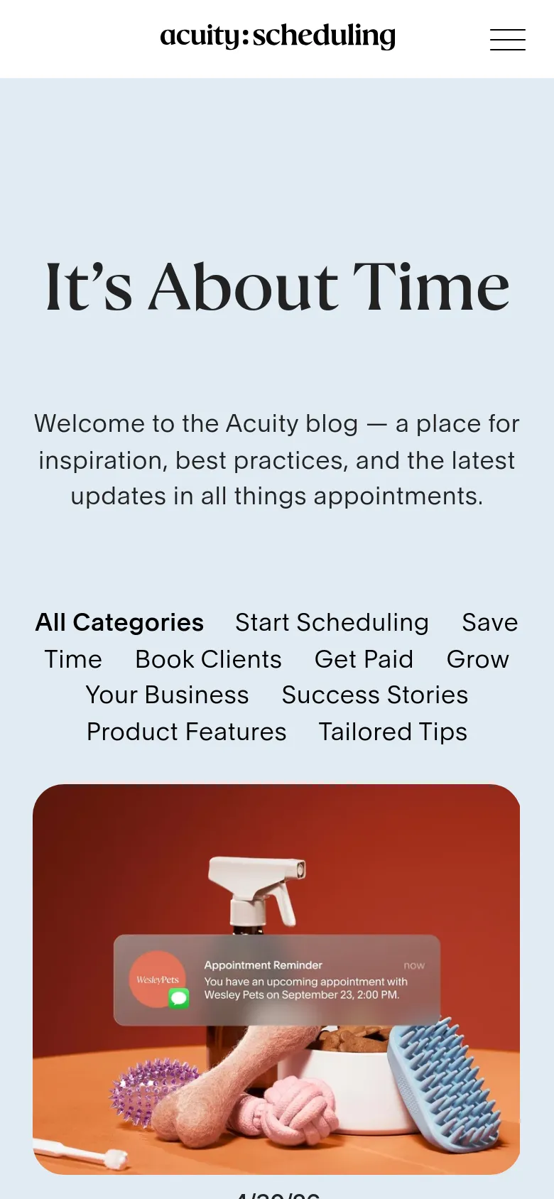 The mobile version maintains the light blue header and 'It’s About Time' title but stacks the category navigation links into multiple rows for easier tapping. The blog post cards transition from a grid to a single-column vertical layout to fit the narrow screen width.