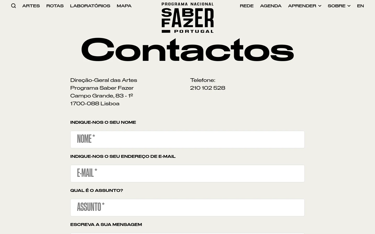 The desktop contact page features a minimalist design with a light beige background and bold black typography. A large 'Contactos' headline sits below the 'Programa Nacional Saber Fazer Portugal' logo, followed by the physical address, phone number, and a contact form with fields for name, email, subject, and message.