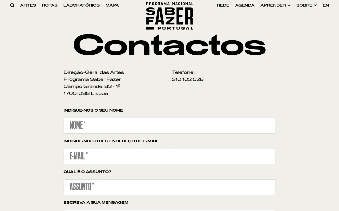 The desktop contact page features a minimalist design with a light beige background and bold black typography. A large 'Contactos' headline sits below the 'Programa Nacional Saber Fazer Portugal' logo, followed by the physical address, phone number, and a contact form with fields for name, email, subject, and message.
