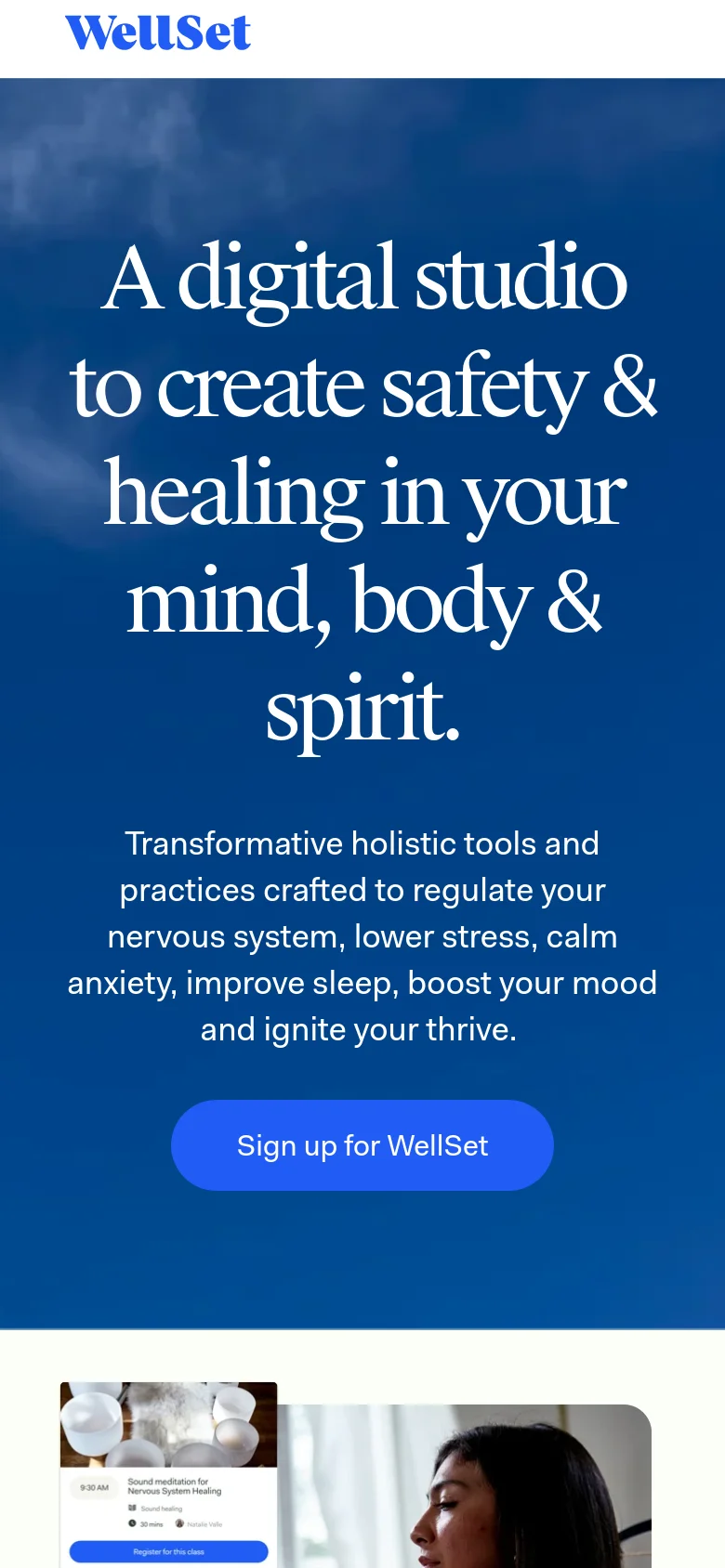 The mobile version simplifies the layout, presenting the hero section with a deep blue gradient background instead of a photographic image. The headline and descriptive text are centered in white serif font, followed by a prominent blue 'Sign up for WellSet' button. The navigation is condensed, and the content stacks vertically for easier scrolling.