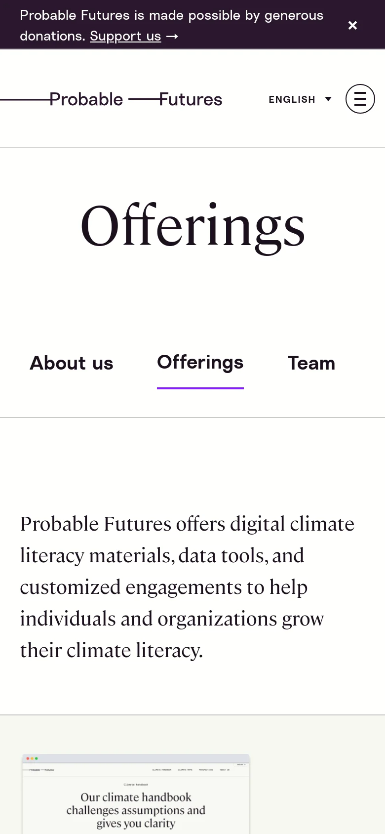 The mobile version simplifies the layout, condensing the sub-navigation menu and replacing the top-right links with a hamburger menu icon. The large 'Offerings' title and introductory text remain centered, while the resource graphic is scaled down to fit the narrower viewport.