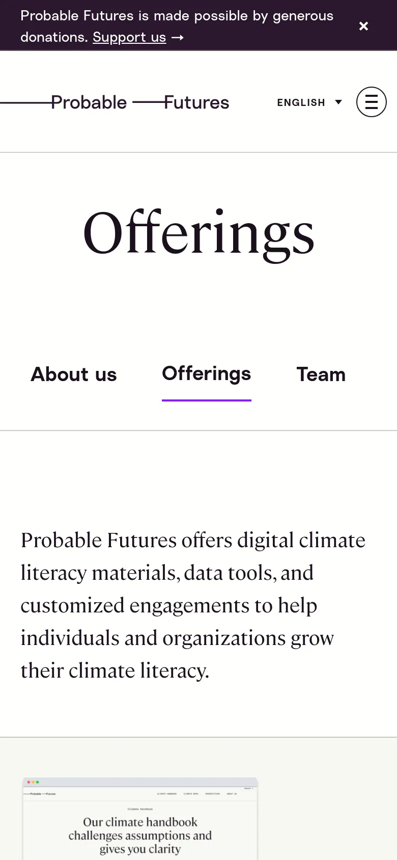 The mobile version simplifies the layout, condensing the sub-navigation menu and replacing the top-right links with a hamburger menu icon. The large 'Offerings' title and introductory text remain centered, while the resource graphic is scaled down to fit the narrower viewport.