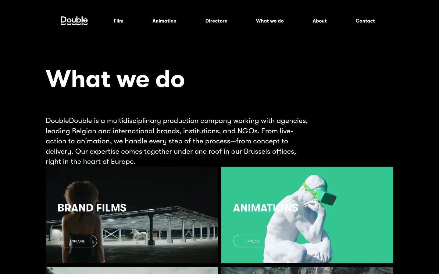 The desktop page features a black background with a large white 'What we do' headline and an introductory paragraph. Below the text, a grid of large, rectangular image tiles showcases different services like Brand Films and Animations, each with an 'Explore' button. The navigation menu is visible at the top with links for Film, Animation, Directors, What we do, About, and Contact.