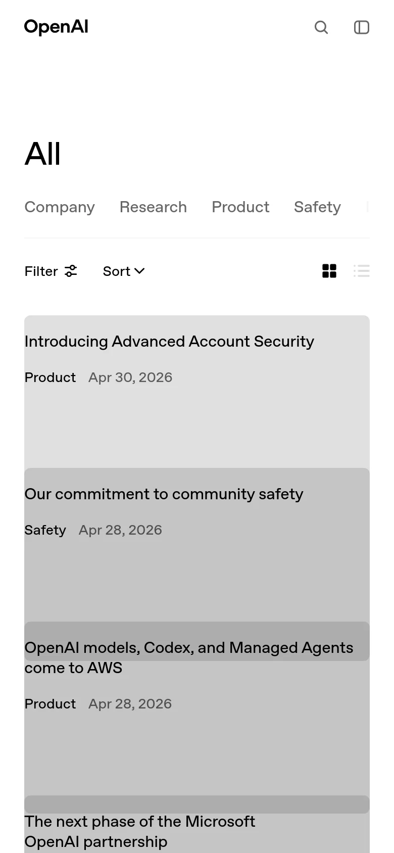 The mobile version of the News page maintains the minimalist aesthetic but shifts to a single-column vertical stack of news cards for easier scrolling. The top navigation is condensed, and the category filter and sorting options are presented in a simplified horizontal layout. The large 'All' heading remains prominent at the top of the feed.