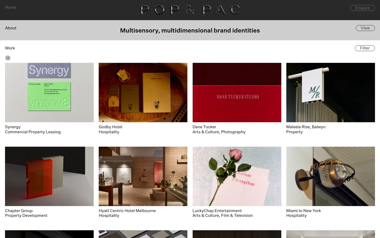 The desktop homepage for POP & PAC features a minimalist design with a dark header containing the logo and an 'Enquire' button. The hero section uses large, bold typography against a light background to introduce the graphic design studio, followed by a professional portrait of Creative Director David Popov. Below, a 'Work' section displays a grid of diverse project thumbnails including branding, hospitality, and property development.