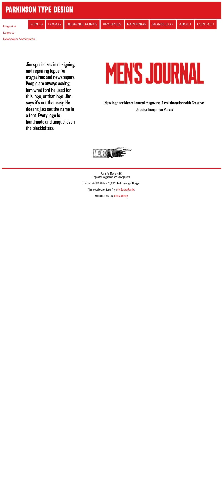 The mobile version uses a single-column vertical layout. The red header and navigation menu are stacked at the top, followed by the descriptive text, the large red 'Men's Journal' logo, and the 'Next' navigation graphic below it.