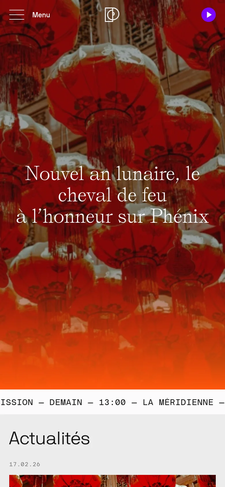 The mobile version maintains the red lantern hero image and large headline but uses a more vertical layout. The top navigation is simplified with a hamburger menu and logo, while the music player is positioned in the top right. The 'Actualités' section begins below the hero area, showing a single-column feed of news articles.
