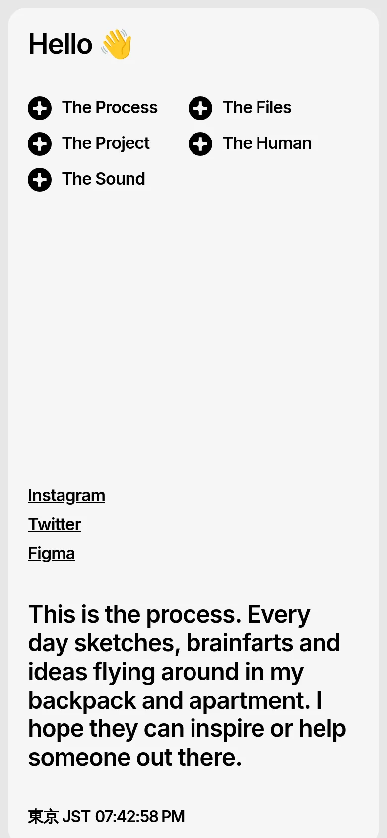 The mobile version features a vertically stacked layout where the white card spans the width of the screen. Navigation links and social media links are arranged in single or double columns, and the sketch grid transitions to a single-column view for easier scrolling.