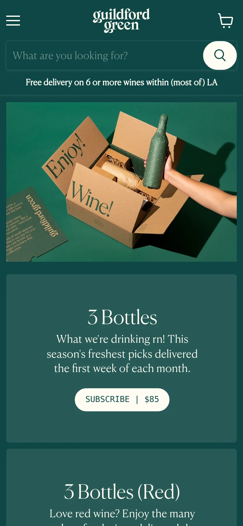The mobile version presents a simplified layout with a hamburger menu, logo, and shopping cart icon in the header. The hero image of the wine box is centered, followed by subscription options stacked vertically in large, dark green sections with prominent white 'SUBSCRIBE' buttons.