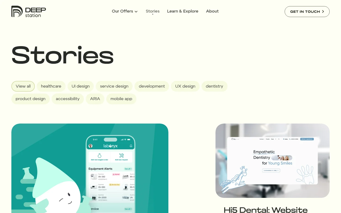 The Stories page features a large 'Stories' headline on a white background with a row of rounded filter tags like 'healthcare' and 'UI design' underneath. Below the filters, a grid layout displays case study cards, each containing a large preview image, a title, and descriptive tags. The design is clean with a minimalist aesthetic and a prominent 'GET IN TOUCH' button in the header.