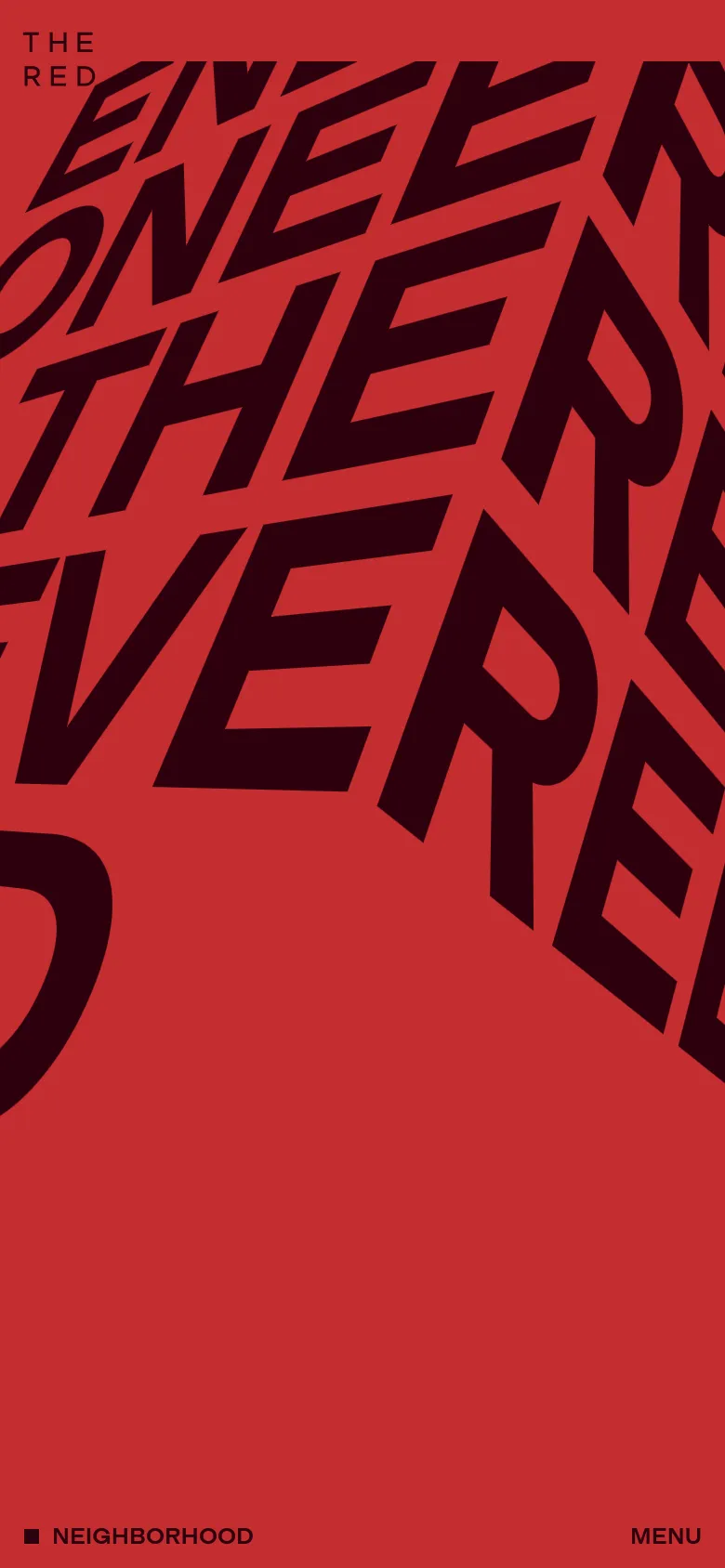 The mobile version maintains the vibrant red background and large, dark 3D typography, but the text is scaled and cropped to fit the vertical aspect ratio. The layout is simplified into a single column, focusing on the graphic header before transitioning to the neighborhood content and contact details.