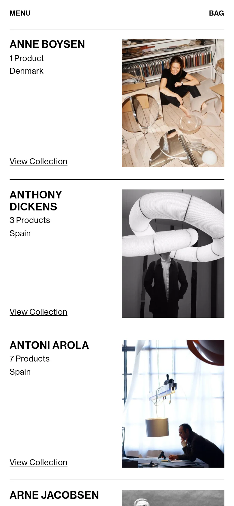 The mobile version uses a simplified layout with a 'MENU' and 'BAG' header. The designer entries are stacked vertically, featuring the designer's name, product details, and a 'View Collection' link positioned above or beside large lifestyle images of the products.