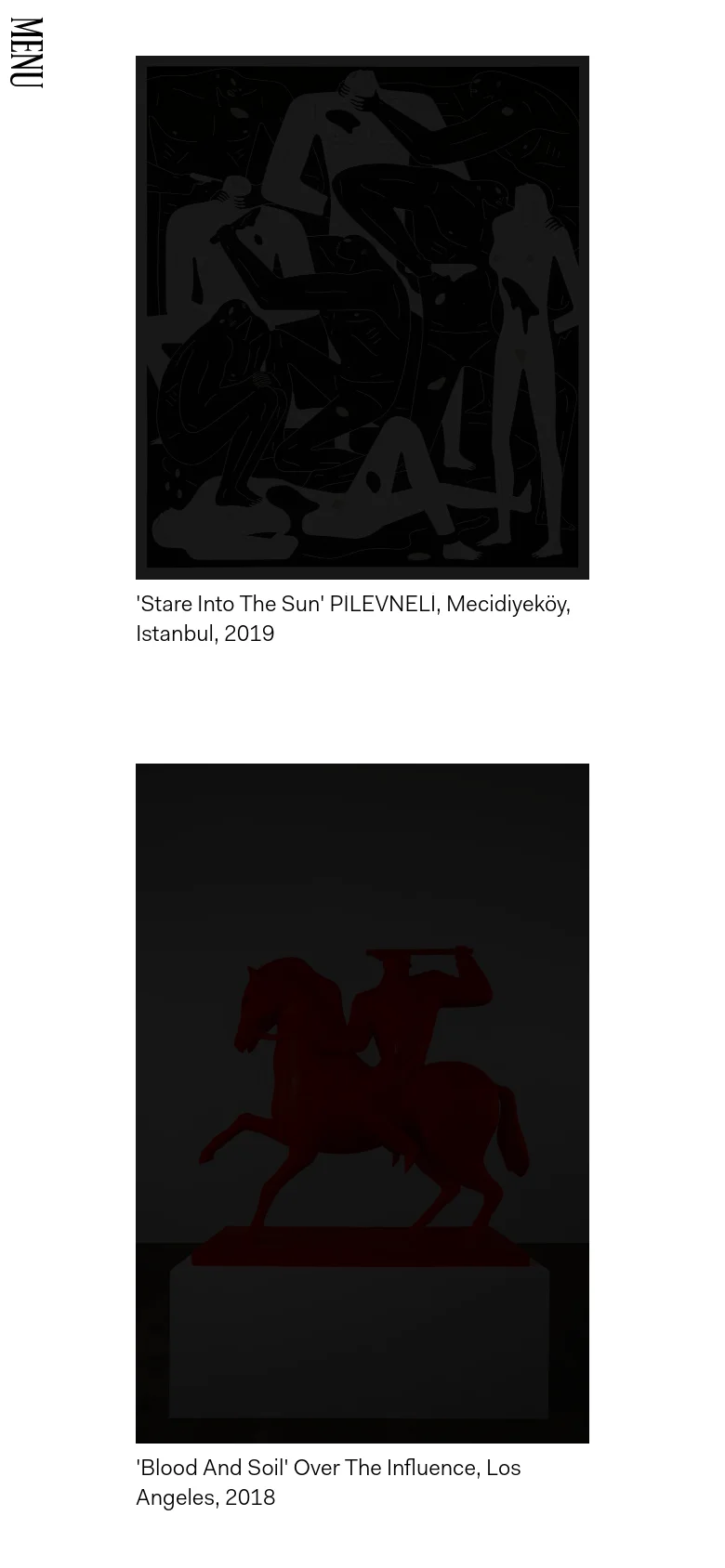 The mobile view maintains the minimalist aesthetic but rearranges the layout into a single vertical column. The large black typography is positioned at the top, followed by the project thumbnails and their respective titles and locations stacked vertically for easy scrolling.
