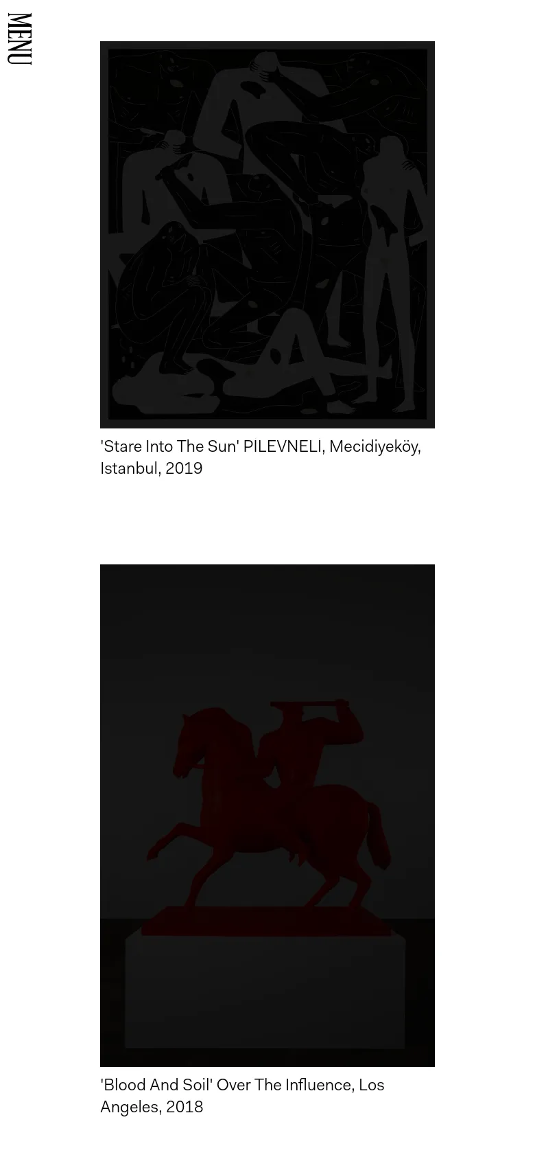The mobile view maintains the minimalist aesthetic but rearranges the layout into a single vertical column. The large black typography is positioned at the top, followed by the project thumbnails and their respective titles and locations stacked vertically for easy scrolling.