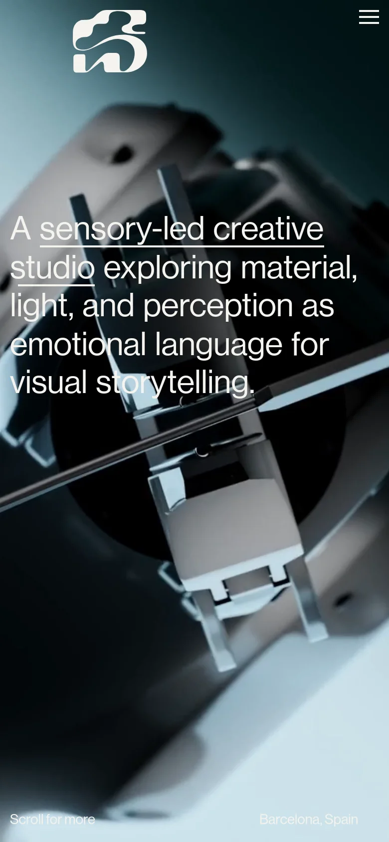 The mobile version maintains the dark, atmospheric aesthetic with the same cinematic hero imagery and central headline. The layout is vertically oriented, with the white logo positioned at the top center and the hamburger menu in the top right, optimized for a smaller screen.