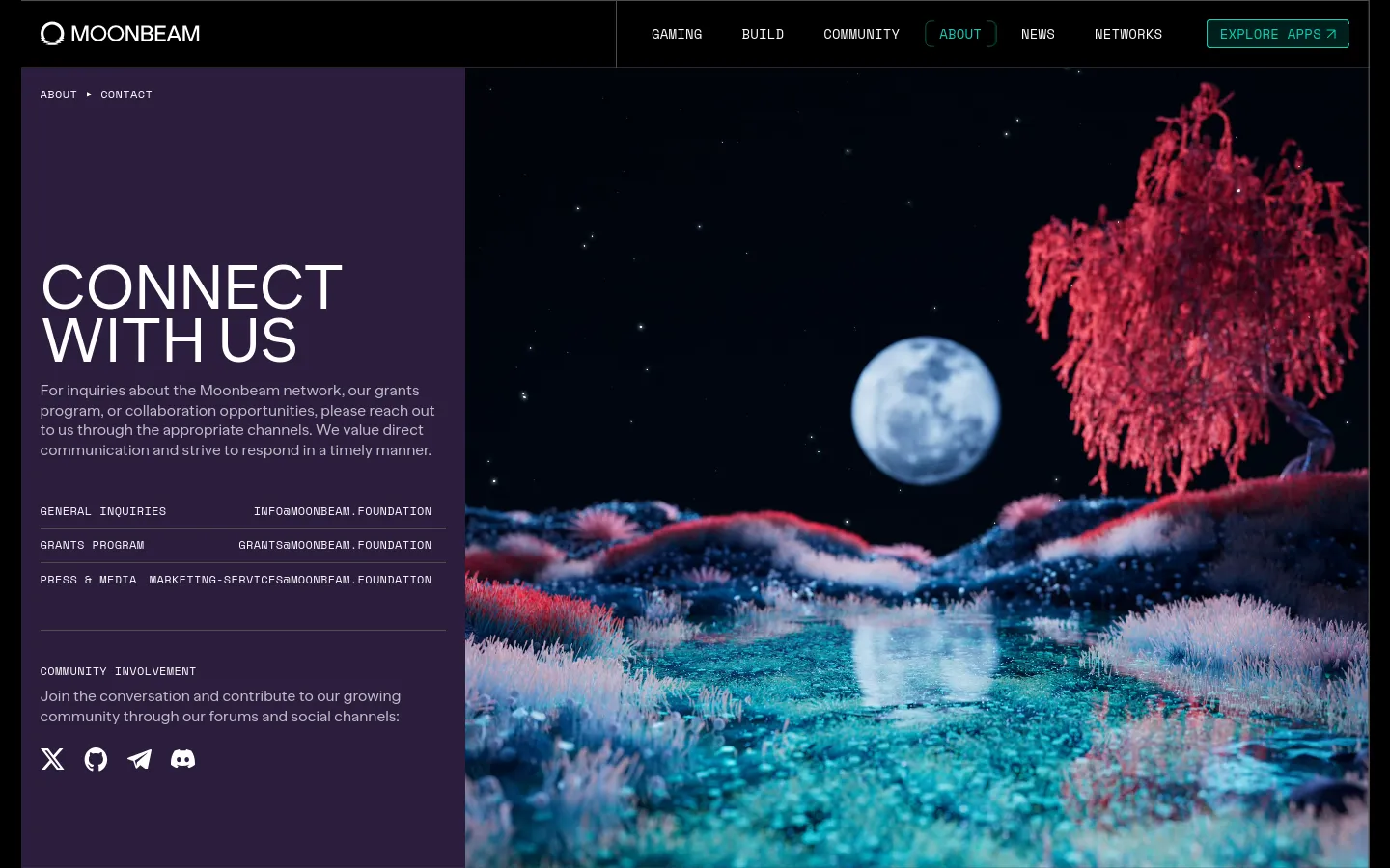 The desktop page features a split layout with a dark purple section on the left containing the headline 'CONNECT WITH US' and contact email addresses for general inquiries, grants, and press. The right side displays a large, cinematic hero image of a moonlit landscape with a full moon, starry sky, and reddish trees. A navigation bar at the top includes links for Gaming, Build, Community, About, News, and Networks, alongside an 'EXPLORE APPS' button.