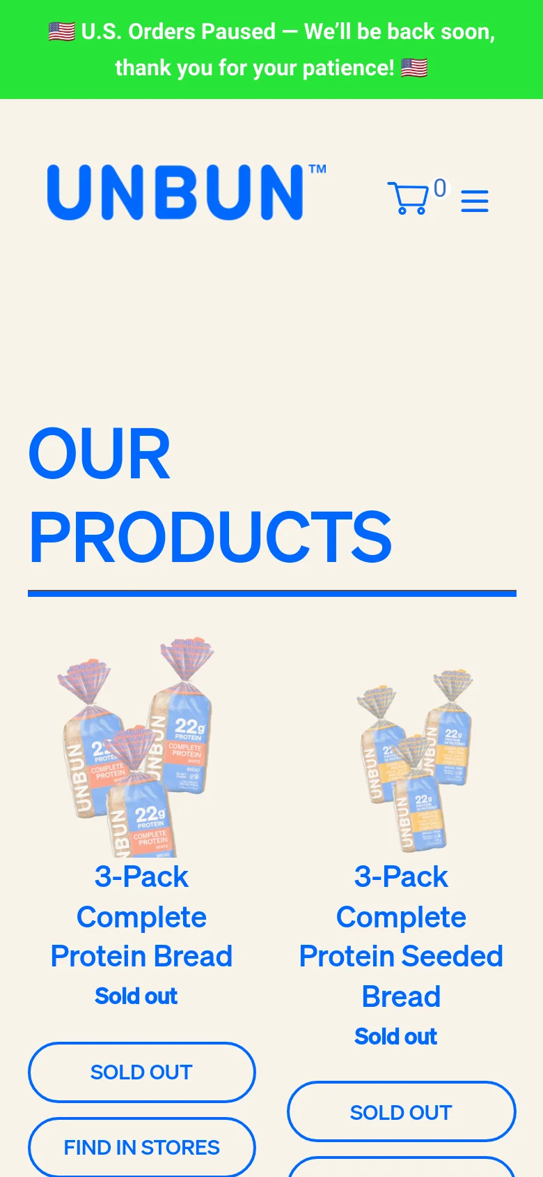 The mobile version presents a single-column vertical layout of the product grid to fit narrower screens. The large blue 'OUR PRODUCTS' heading is prominent at the top, followed by product images, titles, and 'Sold out' labels stacked vertically with full-width action buttons.