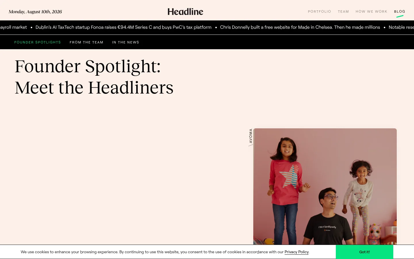 The Headline blog page features a clean, minimalist design with a cream background and black text. A large headline reads 'Founder Spotlight: Meet the Headliners' next to a vertical photograph of a man and two children. Navigation links for Portfolio, Team, How We Work, and Blog are at the top, with category filters like 'Founder Spotlights' below the header.