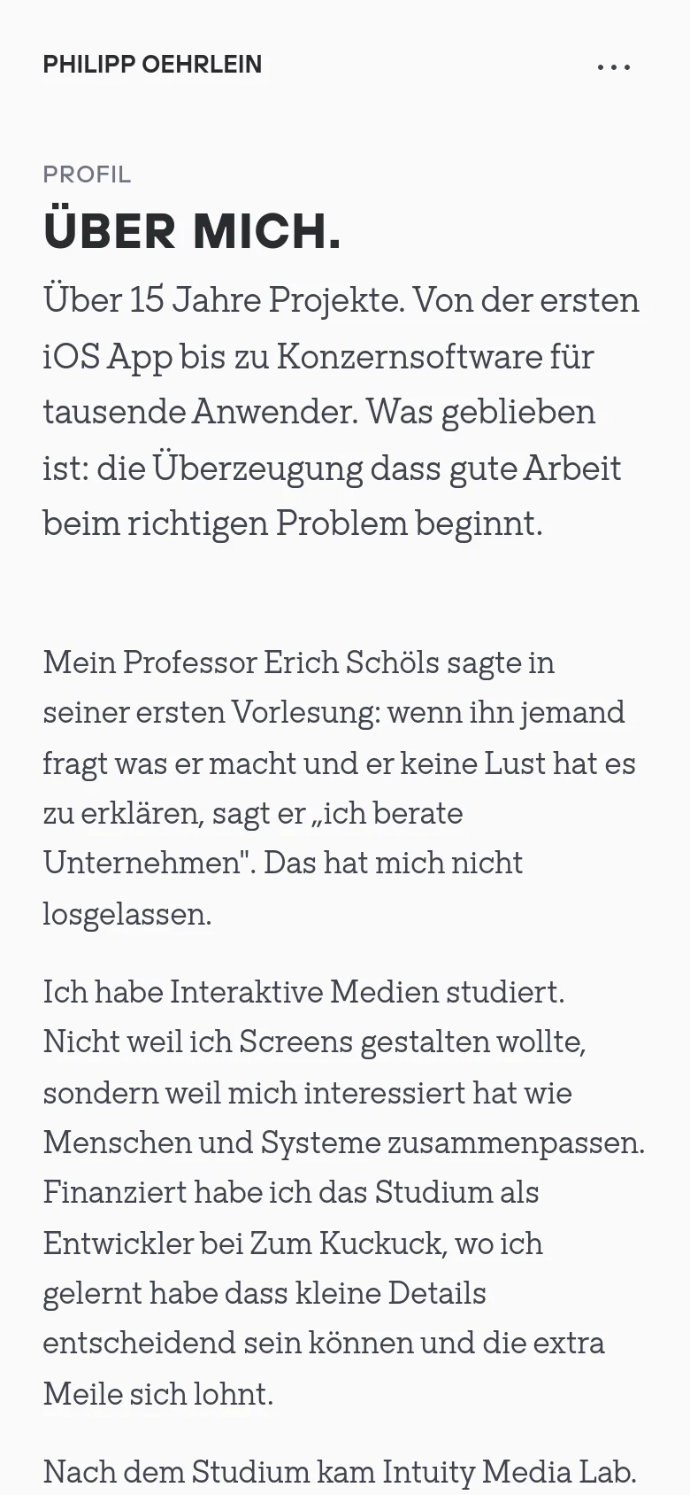 The mobile version maintains the minimalist white and dark gray aesthetic but uses a single-column layout. The navigation is condensed into a three-dot menu icon in the top right, and the typography is scaled for vertical scrolling on a smaller screen.