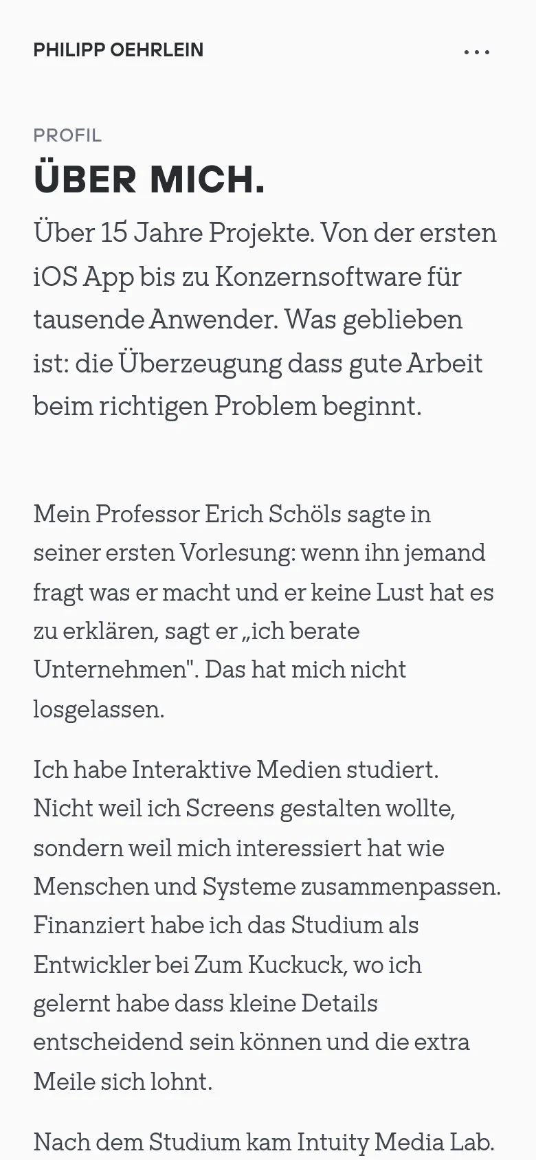 The mobile version maintains the minimalist white and dark gray aesthetic but uses a single-column layout. The navigation is condensed into a three-dot menu icon in the top right, and the typography is scaled for vertical scrolling on a smaller screen.