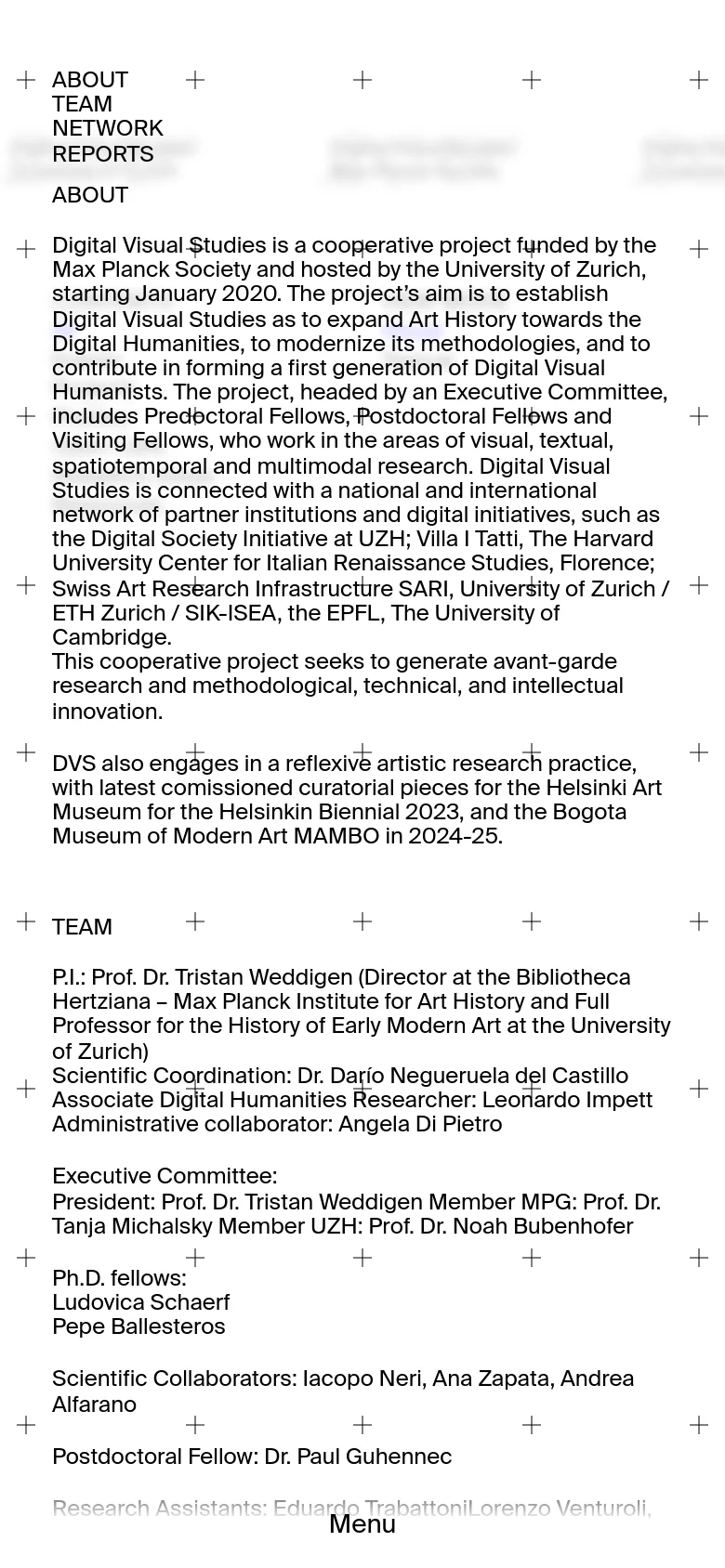 The mobile version presents a simplified, single-column vertical layout optimized for small screens. The navigation menu is condensed, and the text content spans the full width of the screen, with the project description and team lists stacked sequentially to ensure readability without horizontal scrolling.