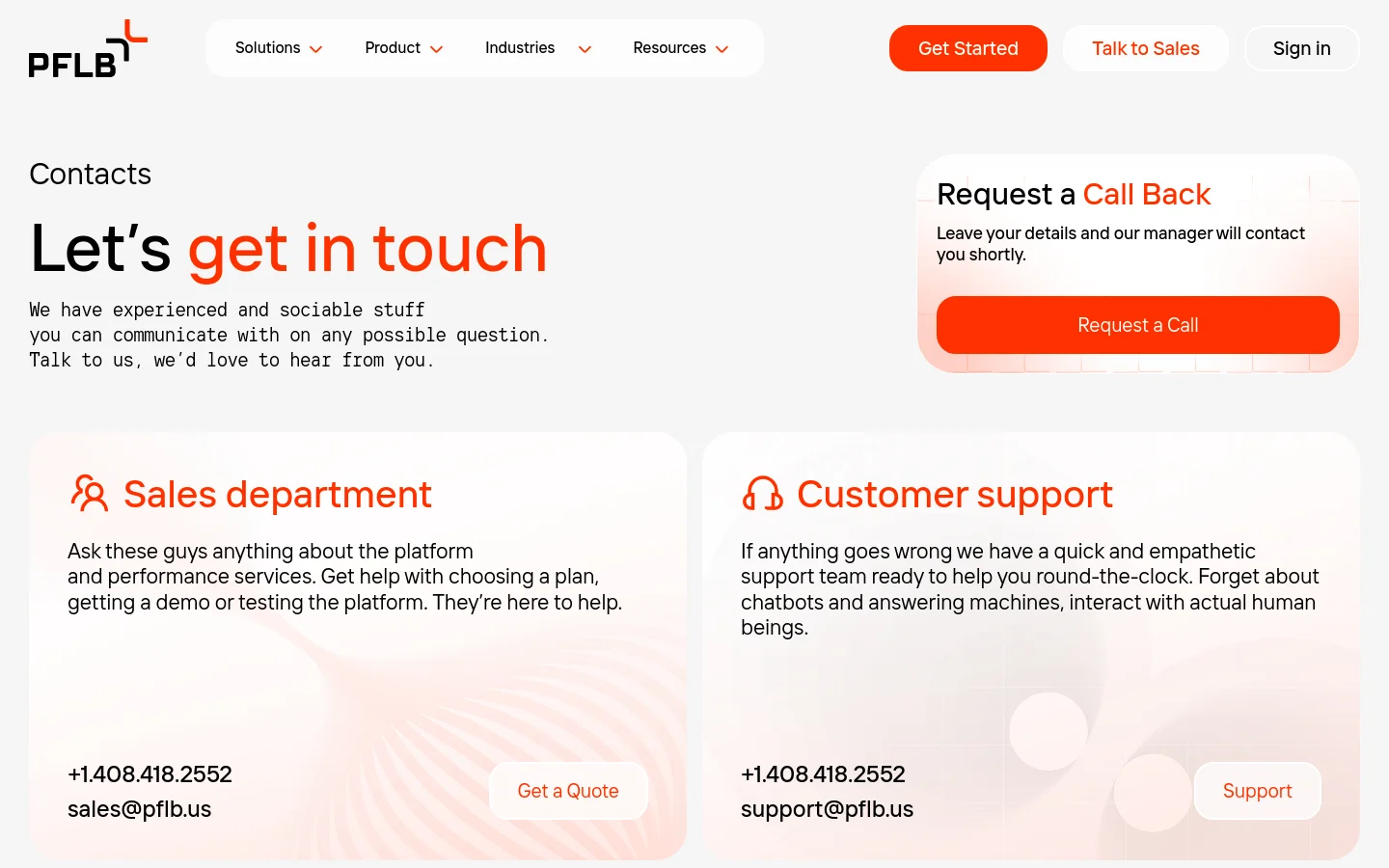The desktop page features a clean white layout with a header containing navigation menus and 'Get Started' and 'Talk to Sales' buttons. The main content includes a large 'Let's get in touch' headline, a 'Request a Call Back' card with an orange button, and two side-by-side cards for 'Sales department' and 'Customer support' featuring contact details and call-to-action buttons.