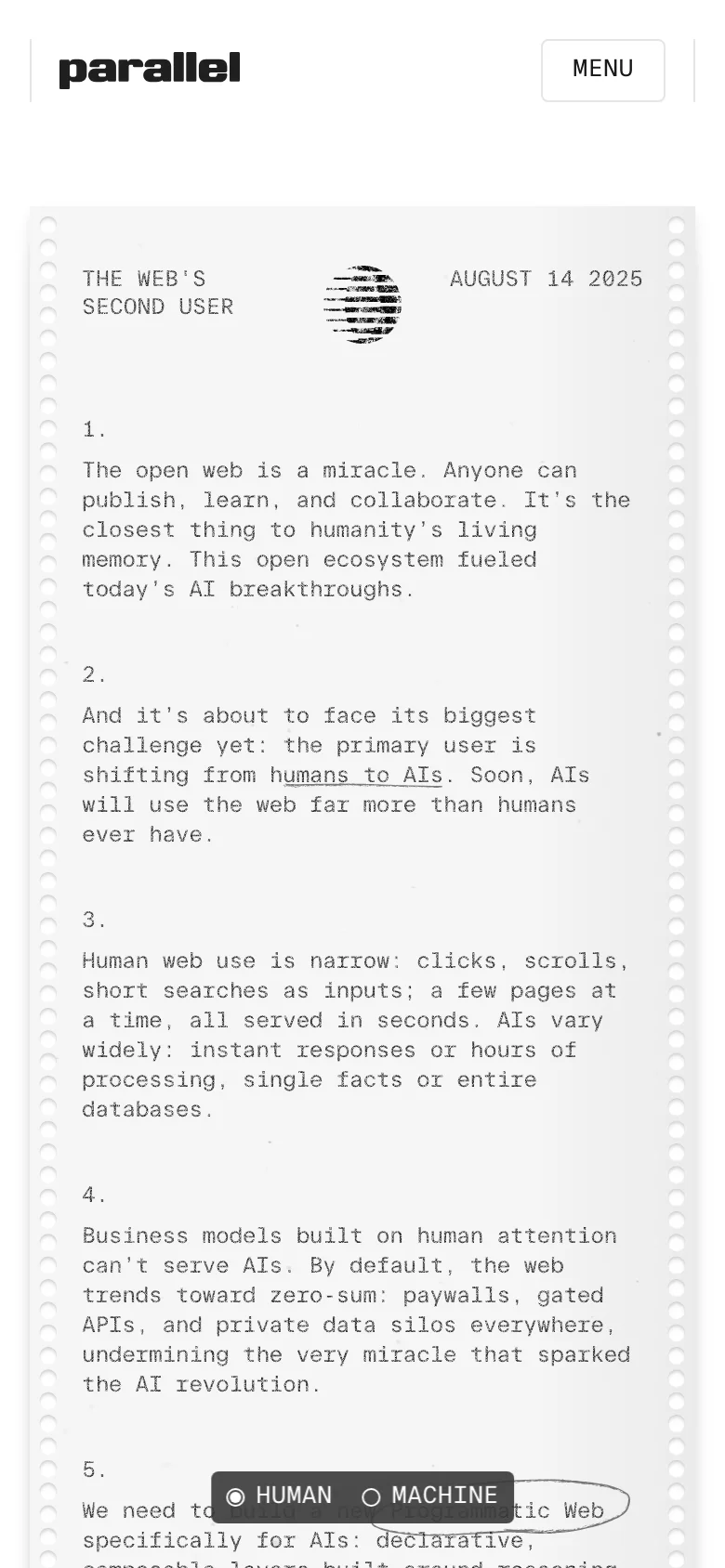 The mobile version simplifies the layout into a single vertical column, focusing on the text-heavy essay. The top navigation is replaced by a prominent 'MENU' button next to the Parallel logo, and the document's perforated edge effect remains visible on the sides. The overall aesthetic maintains the clean, high-contrast black-on-light-grey theme of the desktop version.
