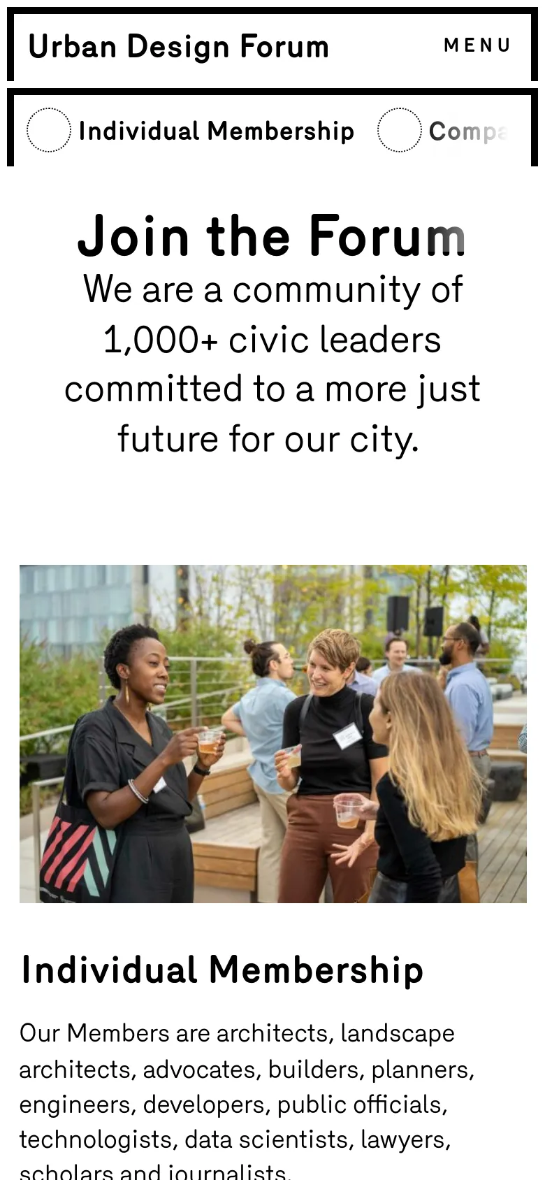The mobile version presents a vertically stacked layout optimized for small screens, starting with the 'Join the Forum' headline and subheadline. The content follows a single-column format where the hero image of people talking is followed by the 'Individual Membership' heading and its corresponding text. The top navigation is condensed into a 'MENU' button.