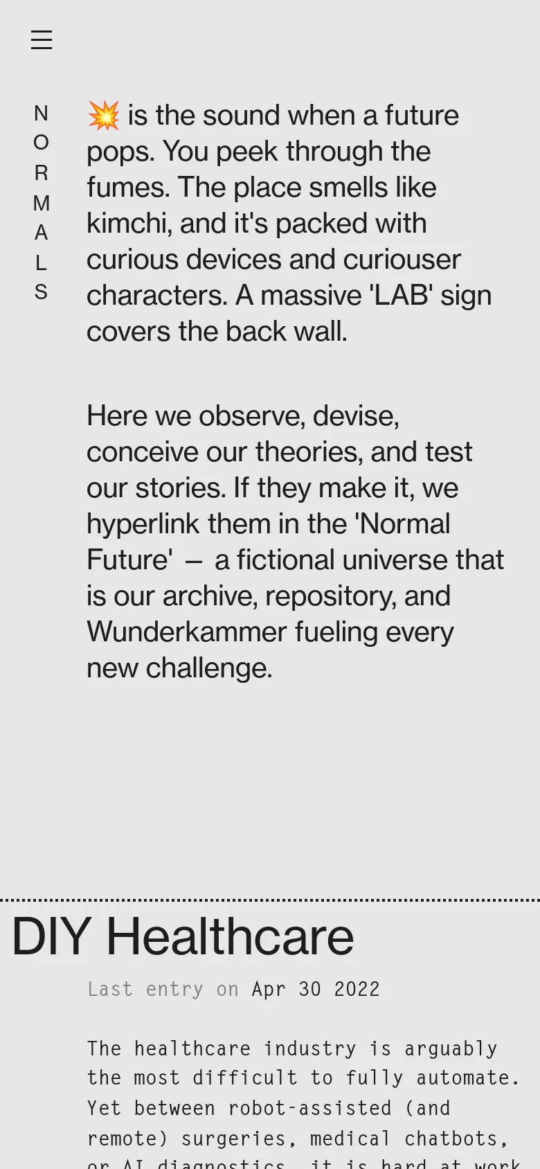 The mobile version maintains the minimalist light gray aesthetic and monospaced typography but adopts a single-column vertical layout. The navigation is condensed into a hamburger menu icon at the top left, and the text is scaled for easier reading on a narrow screen.