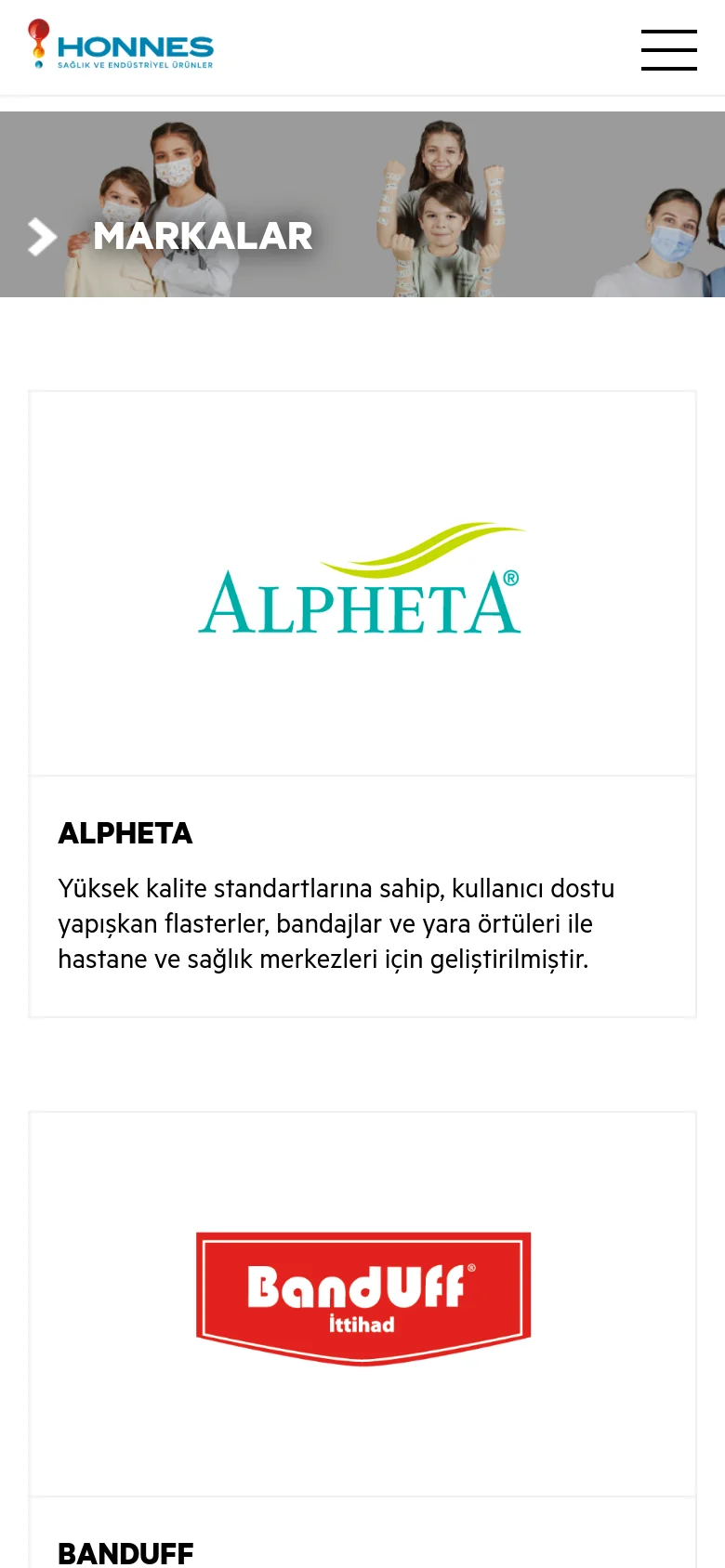 The mobile version presents a simplified vertical layout. The hero banner with the 'MARKALAR' heading is prominent at the top, followed by large, single-column brand cards that stack vertically, showing the brand logo, name, and description for easier scrolling.