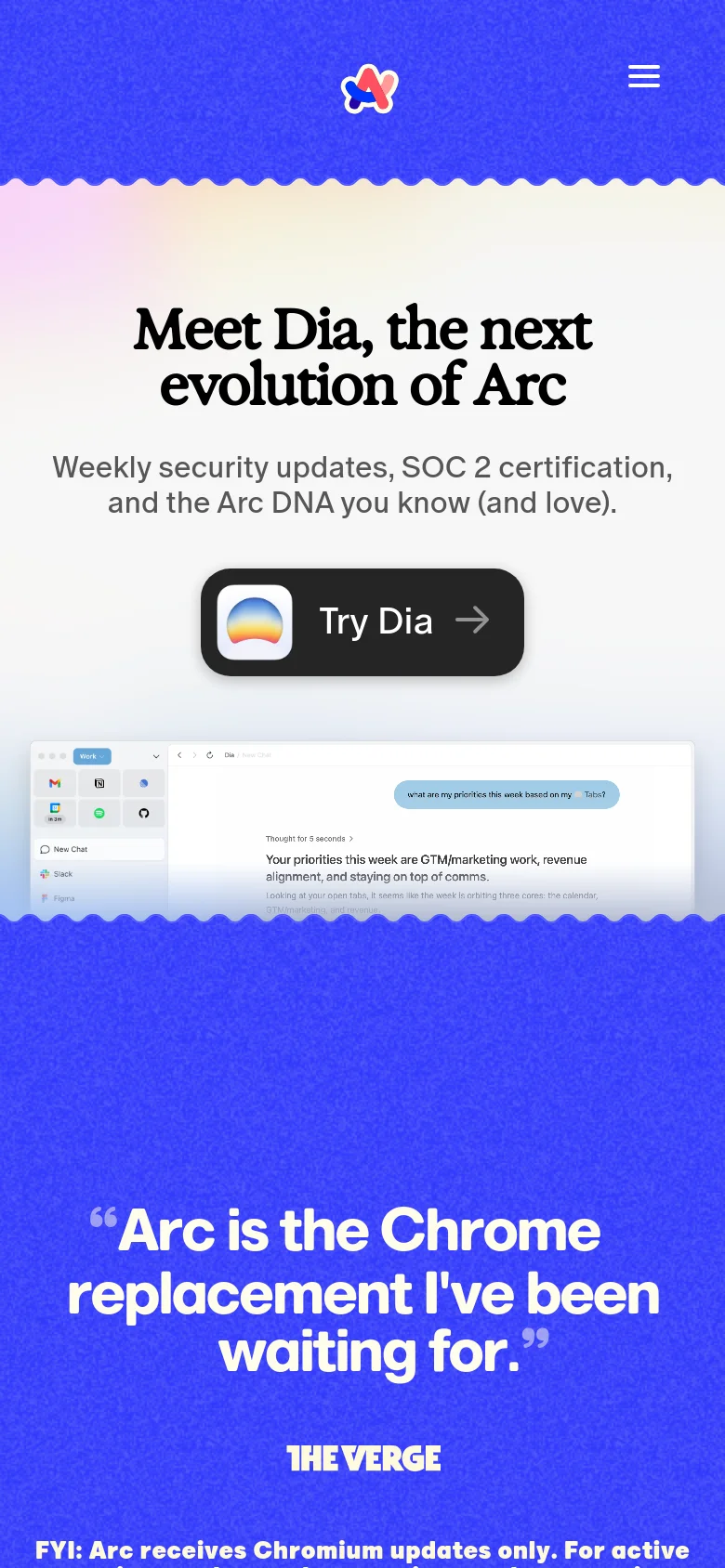 The mobile version uses a simplified vertical layout with a hamburger menu in the top right. The hero section features the same 'Meet Dia' headline and 'Try Dia' button, but the browser screenshot and large testimonial text are stacked vertically to fit the narrow screen width.