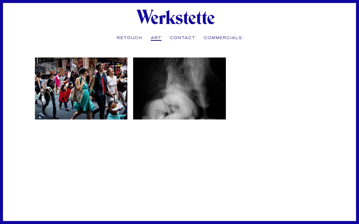The Werkstette Art page features a minimalist white background with a large blue logo at the top and a horizontal navigation menu. Below the menu, two large rectangular images are displayed side-by-side: a colorful street photography shot of people walking and a blurry, black-and-white abstract image.
