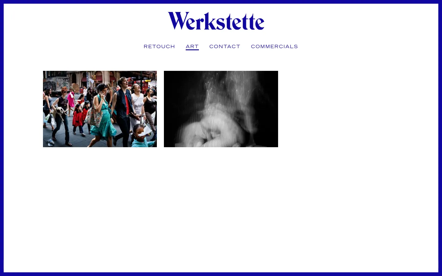 The Werkstette Art page features a minimalist white background with a large blue logo at the top and a horizontal navigation menu. Below the menu, two large rectangular images are displayed side-by-side: a colorful street photography shot of people walking and a blurry, black-and-white abstract image.