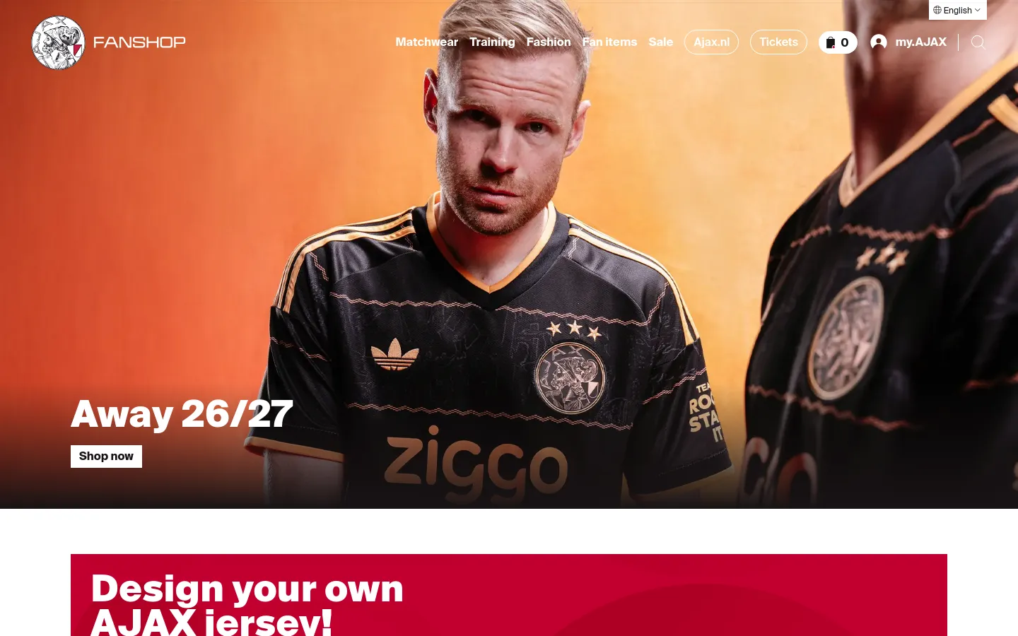 The Ajax Fanshop desktop homepage features a large hero image of a player in a black and gold Away 26/27 jersey against an orange background. A navigation bar at the top includes categories like Matchwear, Training, and Fashion, alongside a 'Shop now' call to action button. The layout is wide and uses a bold color palette of red, black, and orange.
