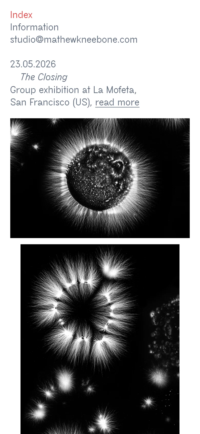 Mobile view of the portfolio homepage with a single-column vertical layout. The navigation links are stacked at the top, followed by exhibition text and large, full-width black and white abstract images that fill the screen width.