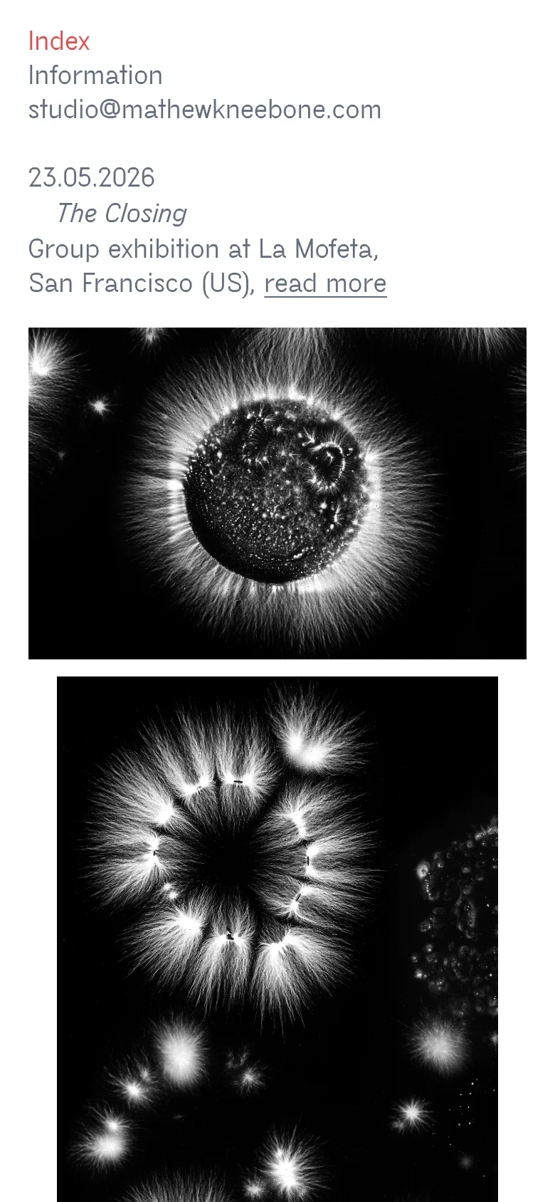 Mobile view of the portfolio homepage with a single-column vertical layout. The navigation links are stacked at the top, followed by exhibition text and large, full-width black and white abstract images that fill the screen width.