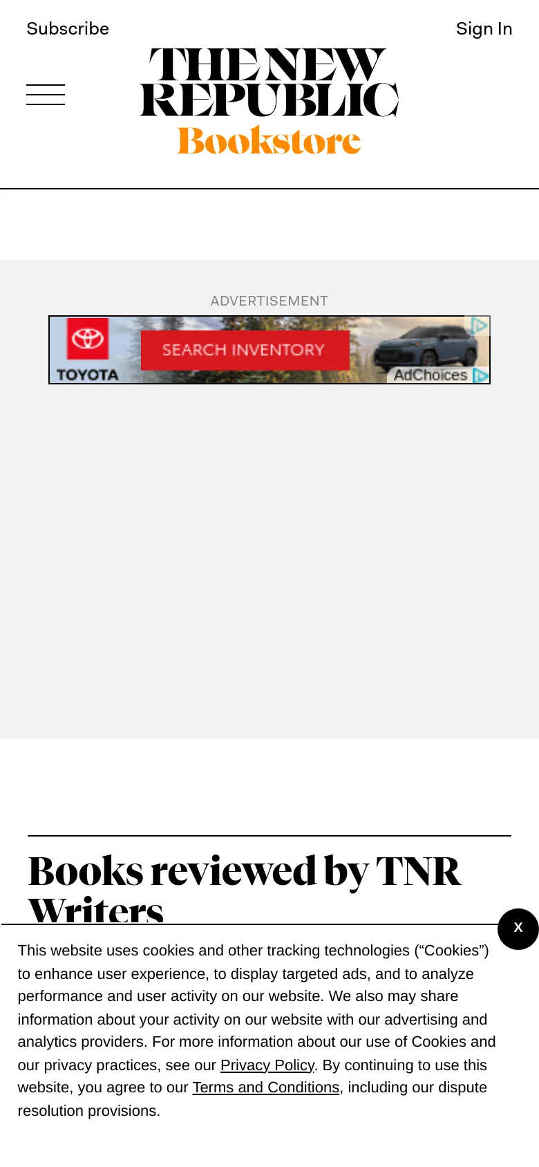The mobile version presents a simplified vertical layout with the bookstore logo at the top and a hamburger menu icon. The content shifts to a single-column stack, showing the advertisement and book listings one after another for easier scrolling.